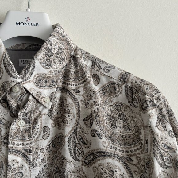 $1250 Brunello Cucinelli White Cotton Shirt With Brown Paisley Print - XL - Picture 3 of 10